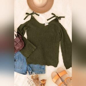 Girls Casual Solid Cold Shoulder Tie Sweater